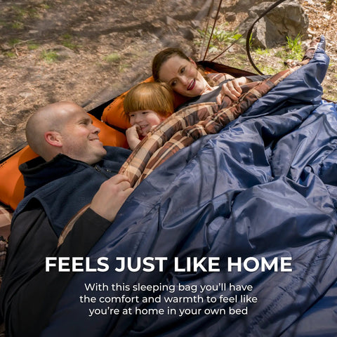 Family using Double Sleeping Bag For Family Camping 20 Degree Warmth With Dual Zippers And Included Compression Sack Spacious Queen Size