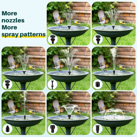 Birds enjoying water spray from Solar Pond Fountain Pump 5.5W With Double Layer Nozzles Dry Run Protection 5 Ft Tubing for garden pond