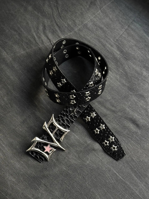 Dope Y2K Punk Star Belt Featuring Heavy Rivet Gothic Waist Strap With Adjustable Geometric Star Buckle Perfect For Unisex Streetwear Vibes To Slay Your Daily Denim Jackets And Cargo Pants Fits Seamlessly, black faux leather with star rivets.