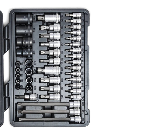 Top view of Torx Bit Socket Master Set, 49 Piece, S2 Steel Bits, Heat Treated Bases, Bright Chrome Finish, in a storage case.