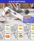 White kitchen mandoline slicer with adjustable thickness dial and waffle fry blade for vegetables; shows 6 settings.