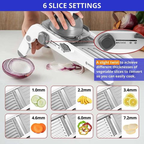 White kitchen mandoline slicer with adjustable thickness dial and waffle fry blade for vegetables; shows 6 settings.