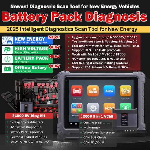 Next Level EV Diagnostic Scanner For Hybrid Electric And Gas Rides With High Voltage System And Battery Pack Analyzer Featuring Five In One VCMI Topology and display with diagnostic tools.