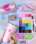Person decorating tumbler with All-In-One Bedazzling Kit With 35,000 Resin Jelly Rhinestones in 24 Bright Colors, B7000 glue.