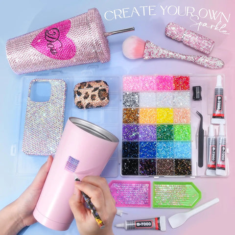 Person decorating tumbler with All-In-One Bedazzling Kit With 35,000 Resin Jelly Rhinestones in 24 Bright Colors, B7000 glue.