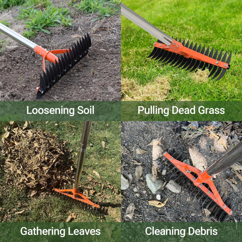 Must Have Thatch Rake For Lawns with 18 Sharp Tempered Spring Steel Tines loosening soil, pulling dead grass, gathering leaves, cleaning debris