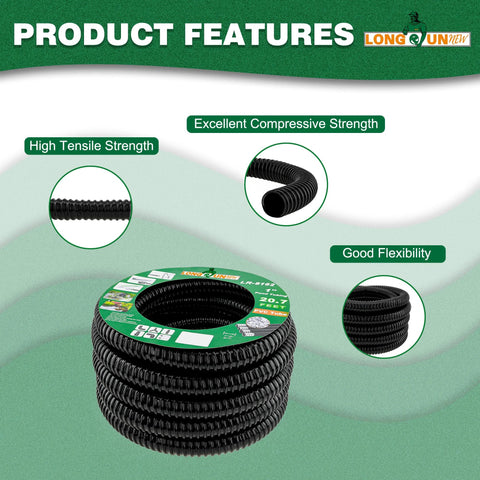 Front view of black corrugated pond hose, 1-inch ID, 20.6 ft length, PVC, kink-resistant and flexible.