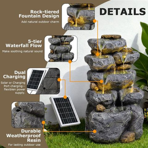 Solar Powered 5 Tier Rock Water Fountain With LED Lights, Outdoor Garden Cascade for Backyard, 24 Inch Tall, durable resin