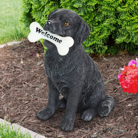 Solar Black Labrador Dog Garden Statue With LED Bone Welcome Sign, Outdoor Resin Yard Decor, realistic black lab figurine.