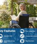 Skil Care Adjustable Wheelchair Lateral Trunk Support With Foam Side Panels For Bilateral Torso Stabilization, user reading outdoors.