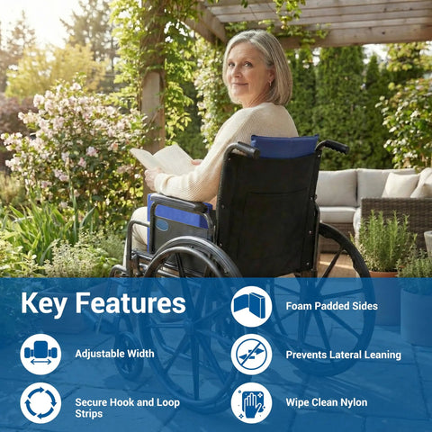 Skil Care Adjustable Wheelchair Lateral Trunk Support With Foam Side Panels For Bilateral Torso Stabilization, user reading outdoors.
