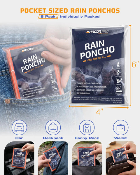 Disposable Rain Ponchos For Adults 5 Pack shown in compact packaging ideal for pockets, backpacks, and bags; Stay Dry On The Go.