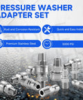 Pressure washer adapter set, 12-piece stainless steel with male NPT fittings, front view
