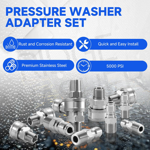 Pressure washer adapter set, 12-piece stainless steel with male NPT fittings, front view