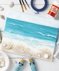 Beach painting canvas surrounded by All In One Glue Sealer Finish Clear Gloss For Wood Paper Fabric And More, 32 oz bottle