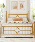 Queen Size Metal Platform Bed Frame Featuring Victorian Headboard With Gold Metallic Finish Heavy Duty Steel Slats in bright bedroom setting.