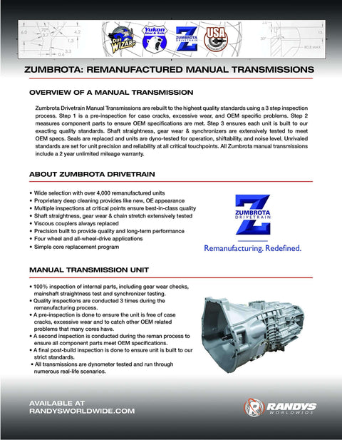 Manual transmission unit with detailed specifications from Zumbrota, featuring 100% inspected and tested components.