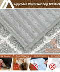 Close-up of gray non-slip stair tread with TPE backing showing texture and features, 9x28 size, for wooden steps, 7-pack.