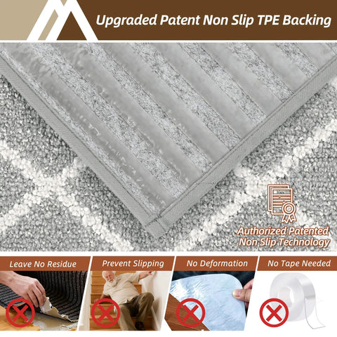 Close-up of gray non-slip stair tread with TPE backing showing texture and features, 9x28 size, for wooden steps, 7-pack.