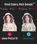 Comparison of color quality between Liene PixCut S1 and other printers, highlighting vivid colors and rich details at 300 DPI.