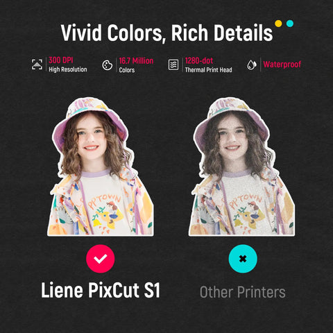 Comparison of color quality between Liene PixCut S1 and other printers, highlighting vivid colors and rich details at 300 DPI.