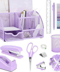 Purple Desk Organizer Set 12 Pieces With Tape Dispenser Stapler Staples Staple Remover Pen Holder Scissors Ruler Sticky Tabs Tape Ballpoint Pen Clips All In One Home Office Essentials displayed