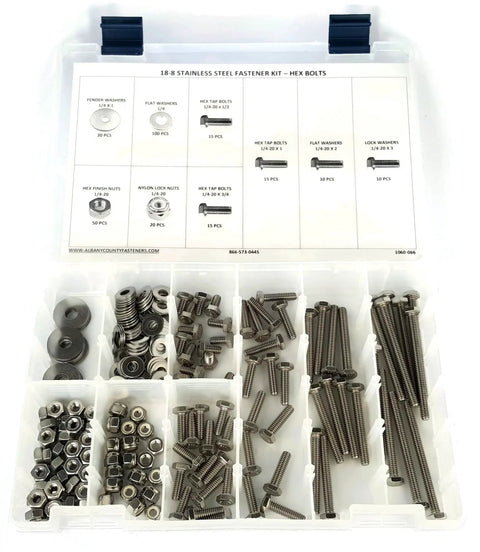 All In One Stainless Steel Hex Tap Bolts Kit With Nuts And Washers One Quarter Inch Twenty Thread 256 Piece Assortment