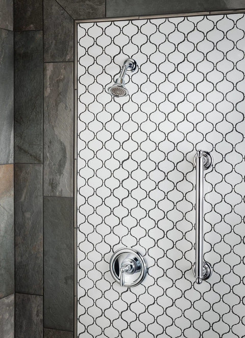 Brantford Chrome Posi-Temp Go-To Shower Valve Trim Kit Pressure Balancing Finish with tile backsplash and grab bar in bathroom