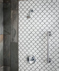 Chrome 12-Inch Stainless Steel Bathroom Grab Bar For Safety And Stability In Showers And Tubs Supports Up To 500 Lbs on tiled wall
