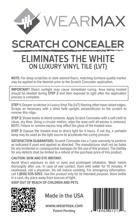 Label of Scratch Concealer For Luxury Vinyl Tile Floors DIY Touch Up And Repair Remover To Hide Scratches with instructions.