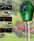 Three In One Soil Tester For Garden And Home With PH Meter Moisture Meter And Light Intensity Gauge No Battery Needed showcasing readings.