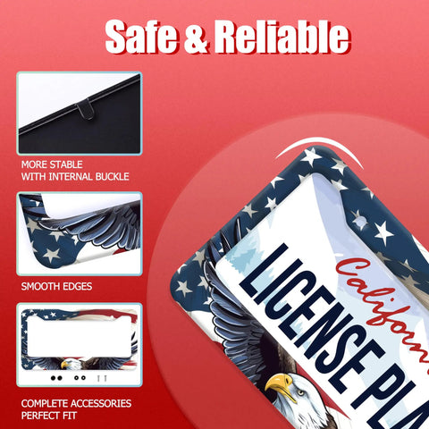 Patriotic Eagle License Plate Frame With Stainless Steel Build, Colorful Flag Design, Non Blocking And Street Legal, Auto Parts Decor With Screws, 12.3 By 6.3 Inch, Easy Bolt On, Durable Quality, shown with close-ups of corner features and text 'Safe & Reliable'.