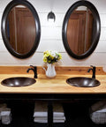 17 Inch Handmade Copper Bathroom Sink With Aged Copper Finish Overall 17 By 13 By 5 Inches Bowl About 15 By 11 By 5 Inches Dope Drop In Or Undermount Install Hand Hammered 18 Gauge Solid Copper Basin For A Sleek Durable Bath Upgrade installed in double vanity with wood countertop