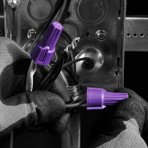 Gloved hands installing Purple Aluminum To Copper Twist On Wire Nuts 301765S Pack Of 10 With Antioxidant Filler