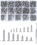 595 Pcs Self Tapping Screws Assortment Kit With Flat Head Phillips Drive For Wood And Metal, M2 M3 M4 Stainless Steel Screws displayed in box