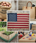 Collage showing uses of Burlap Fabric Roll 36 Inch Wide by 150 Feet Long; bags, rugs, and garden edge.