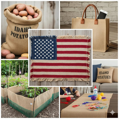 Collage showing uses of Burlap Fabric Roll 36 Inch Wide by 150 Feet Long; bags, rugs, and garden edge.