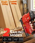 Built Tough 18 Gauge Cordless Brad Nailer And 2 In 1 Electric Stapler For Milwaukee 18V Batteries showing two nailing modes on wood.