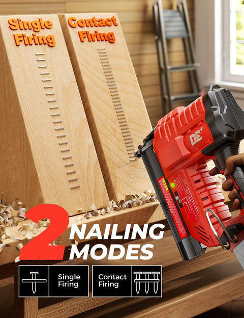 Built Tough 18 Gauge Cordless Brad Nailer And 2 In 1 Electric Stapler For Milwaukee 18V Batteries showing two nailing modes on wood.