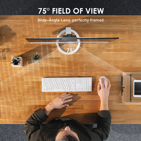 1080P HD Webcam With Built In Dual Mics And Noise Canceling Privacy Cover, 75 Degree FoV, positioned above a keyboard on a wooden desk.