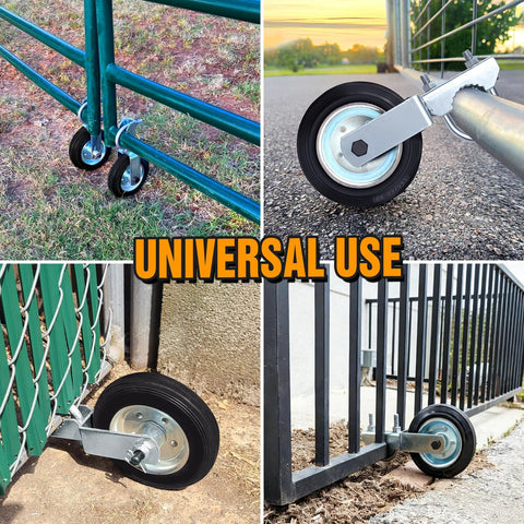 Gate Wheel For Metal Swing Gates With 1 5/8 To 2 Inch Frames Heavy Duty Gate Support Wheel For Chain Link Fences Prevents Gate From Dragging Tire Grade Solid Rubber Wheel Hot Dipped Galvanized Steel Rust Resistant Supports Up To 500 Lb shown in various gate installations.