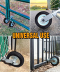 Heavy Duty Gate Wheel Set For Metal Swing Gates 1 5/8 To 2 Inch Frames, rubber tire with metal swing gates in yard setup