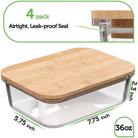 Borosilicate Glass Food Storage Containers With Bamboo Lids Dope Four Pack 36 Ounce Airtight Meal Prep Containers Plastic Free And BPA Free Microwave Freezer Safe 36oz container dimensions displayed with bamboo lid on top