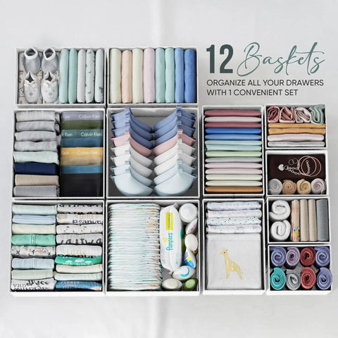 Rock Solid Fabric Drawer Organizer Set Of 12 White Grey Bins For Dresser Nursery Bedroom Closet Storage Hella Durable Build Perfect For Baby Clothes And Home Tidy Up
