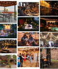 Collage of outdoor settings with 50 Ft Outdoor String Lights With 27 Shatterproof LED Edison Bulbs in various evening gatherings.
