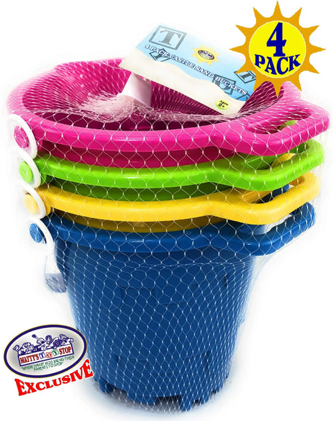 4 Pack 7 Inch Castle Sand Buckets With Easy Pour Spout And Handle In Blue, Pink, Green And Yellow, Plastic Beach Sandcastle Molds For Kids