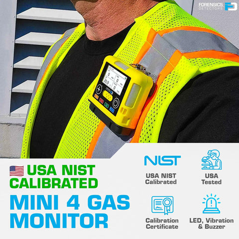 Compact 4 Gas Monitor USB Rechargeable on worker's vest, showing LED display and factory calibration label