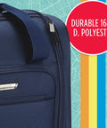 Close-up of Underseat Carry-On Set 15 Inch Purple Roller Bag With USB Charging Port, showcasing durable 1680D polyester material.