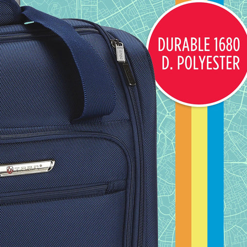Close-up of Underseat Carry-On Set 15 Inch Purple Roller Bag With USB Charging Port, showcasing durable 1680D polyester material.
