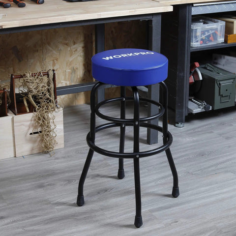 Heavy-Duty Steel Garage Shop Stool With Swivel Cushion Seat, Four Sturdy Legs, 360 Degree Foot Rings, Black Powder Coated Frame And Footrest, Single Pack in a workshop